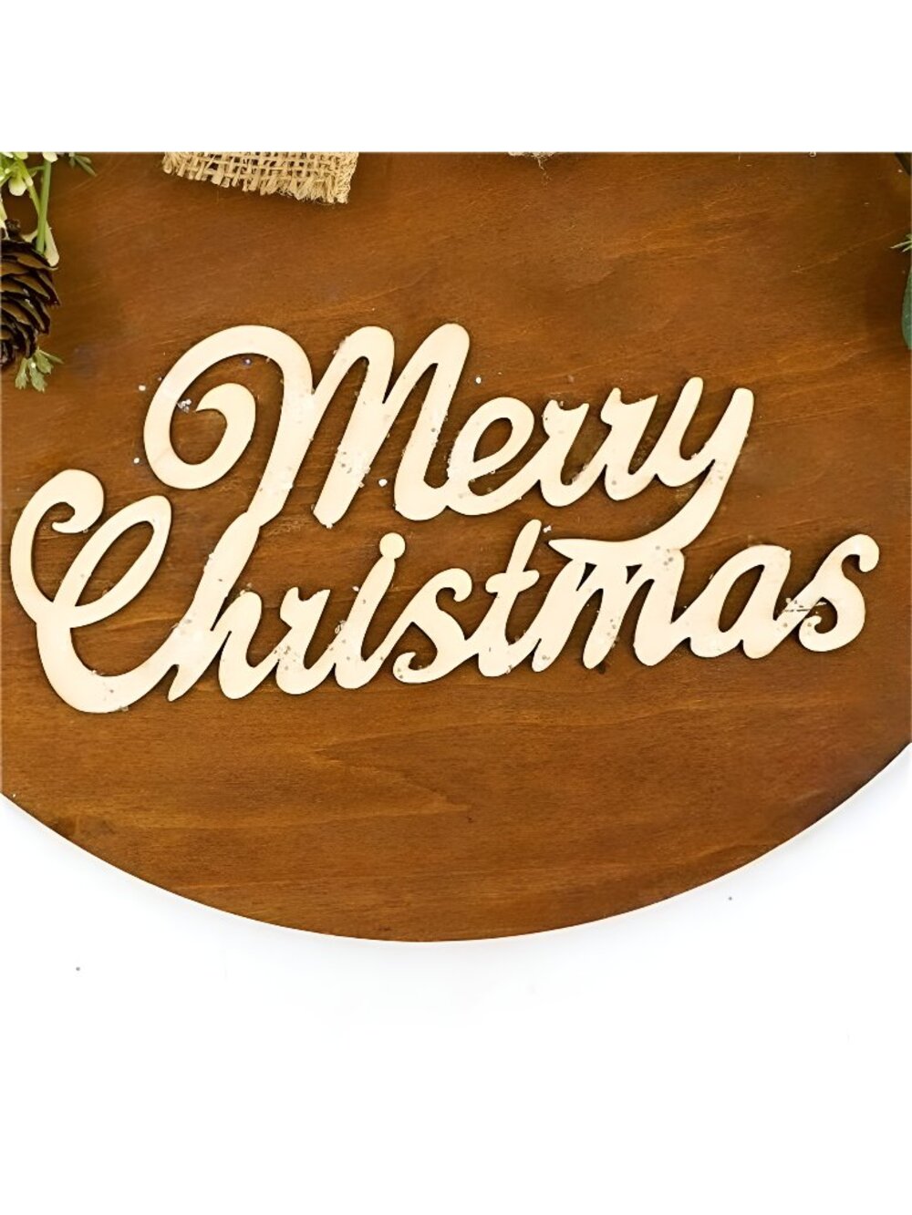 Round Wooden Merry Christmas Wreath with Accents